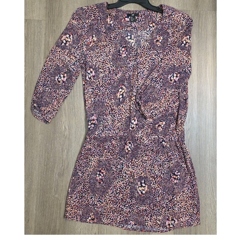 H&M Women's Floral Mini Dress US 4 V Neck Lined 3/4 Sleeve Casual